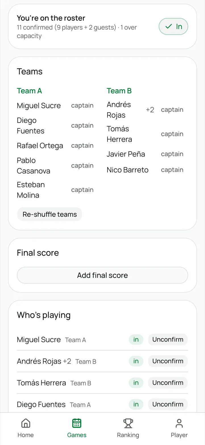 A game in SoloFútbol: house rules, an I'm-in button, and the list of who has confirmed.