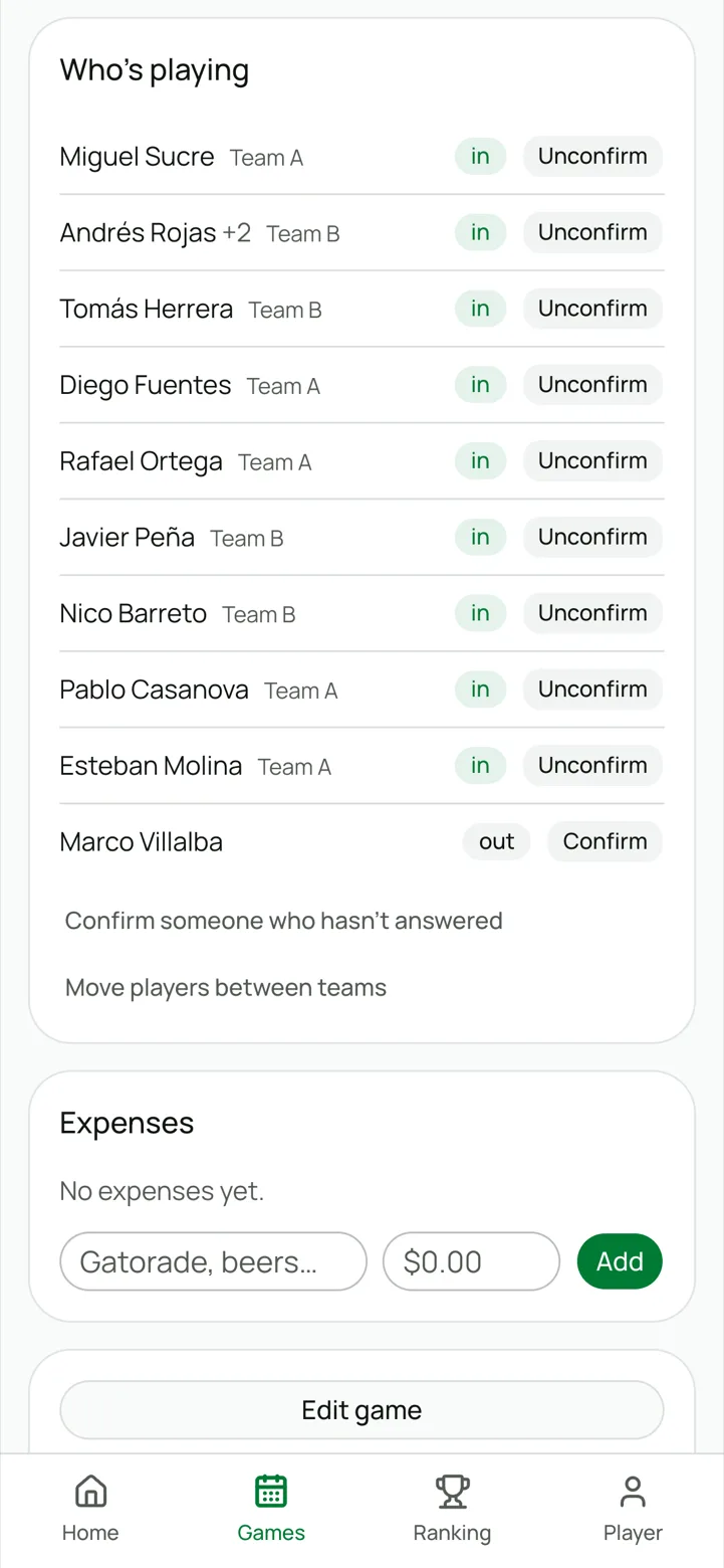 The confirmed roster with each player assigned to the black or cyan side, and a guest shown as +2.